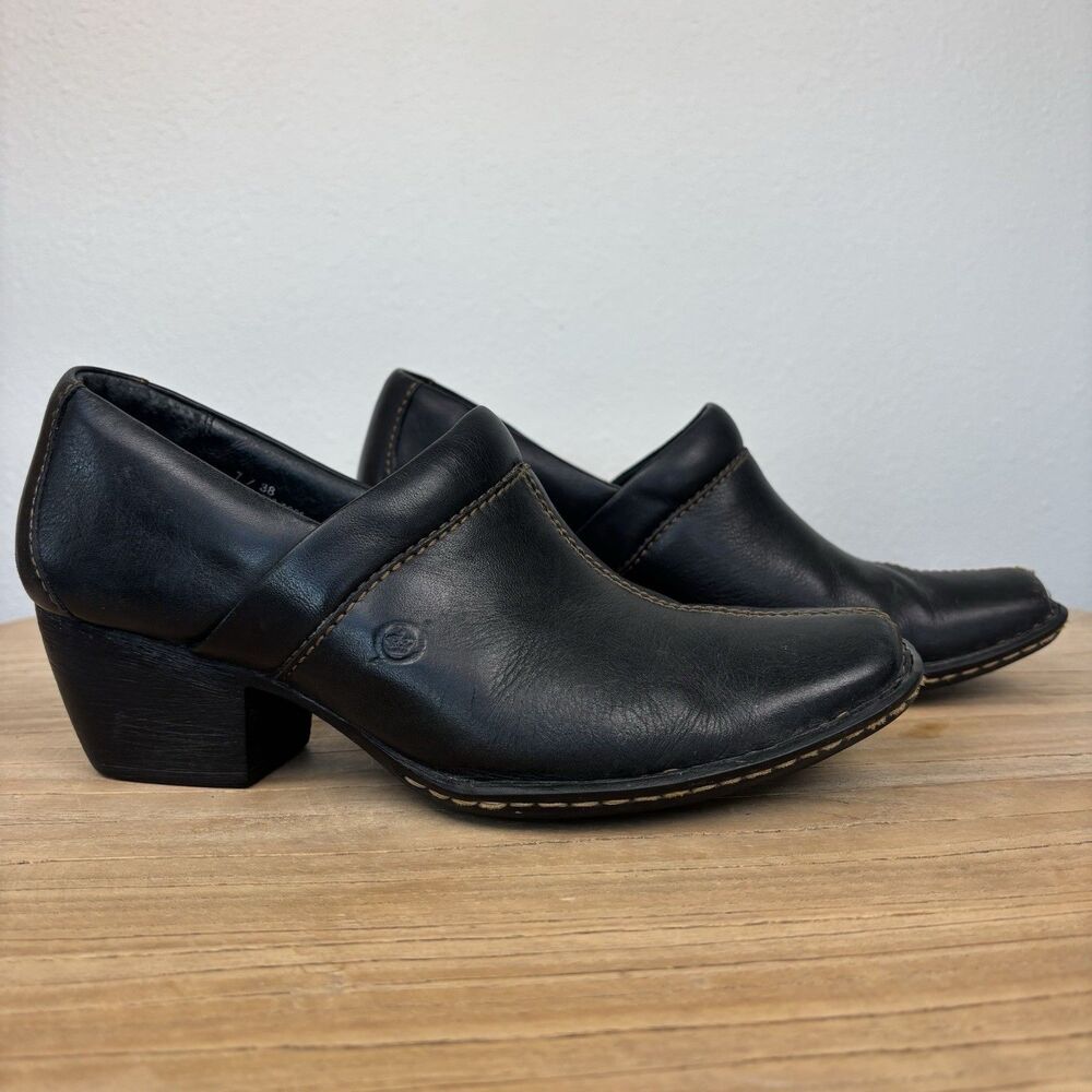 Born Womens Black Leather Block Bootie Shoes Sz 7 Western Casual Comfort EUC